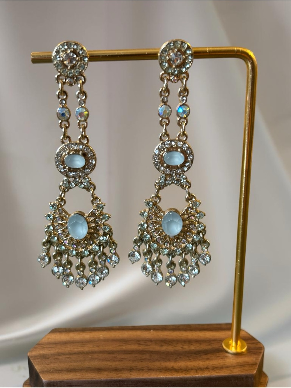 Vintage Revival Ornate Gold Chandelier Dangle Earrings, Light Blue Crystals Chic